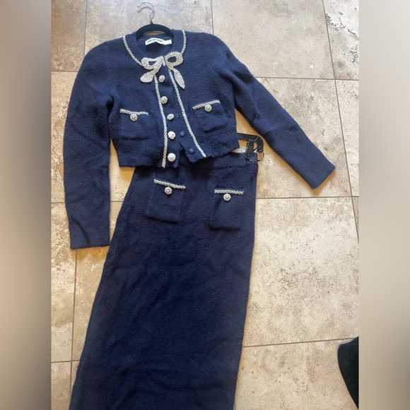 SELF-PORTRAIT Navy Embellished cropped cardigan & matching skirt SZ M $730 - Picture 4 of 11